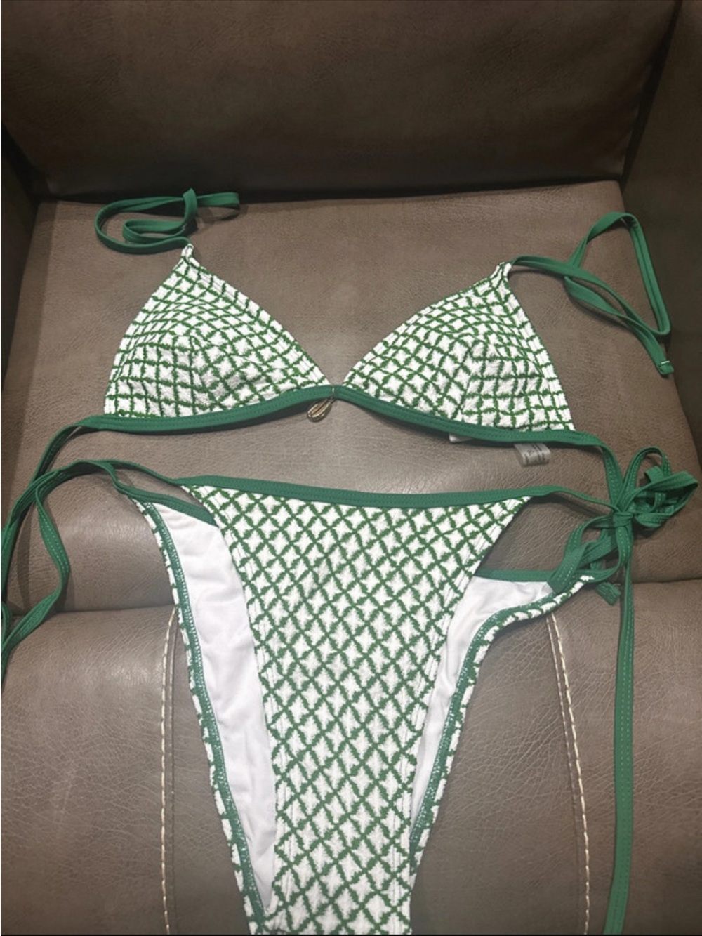 Green & White Textured Triangle Bikini Set